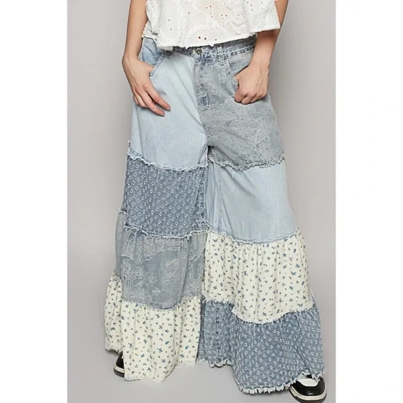 POL Patchwork Tiered Ruffle Exaggerated Wide Leg Jeans Relaxed Fit - Picture 6 of 9